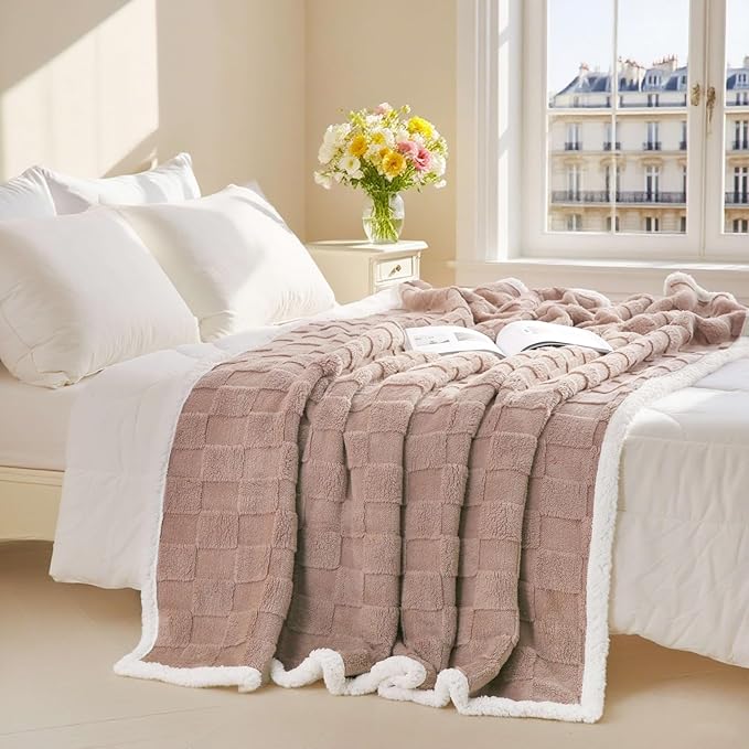 Sherpa Throw Blanket for Couch, Flannel Cozy Soft Thick Blanket for Bed - Fleece, Coffee, 60x80 Inches