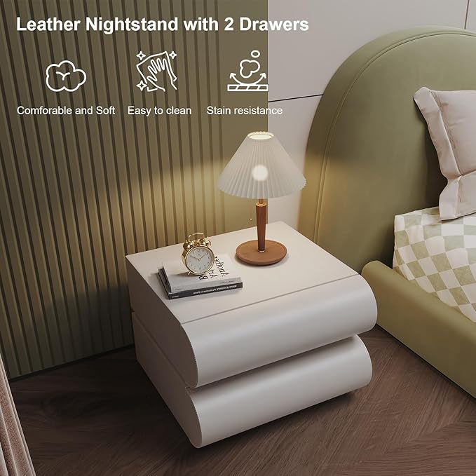 Nightstand with 2 Drawer, Bedside Table with Microfibre Leather, Fashion Night Stand for Bedroom, No Assembly Required-White