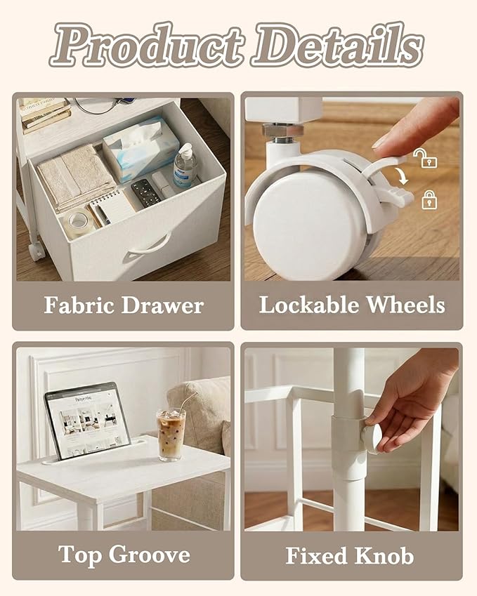 360° Swivel Nightstand with Height Adjustable, Lift Top Bedside Table with Charging Station, Rolling Night Stand with Fabric Drawer, End Table with Wheels, for Bedroom, Living Room, White