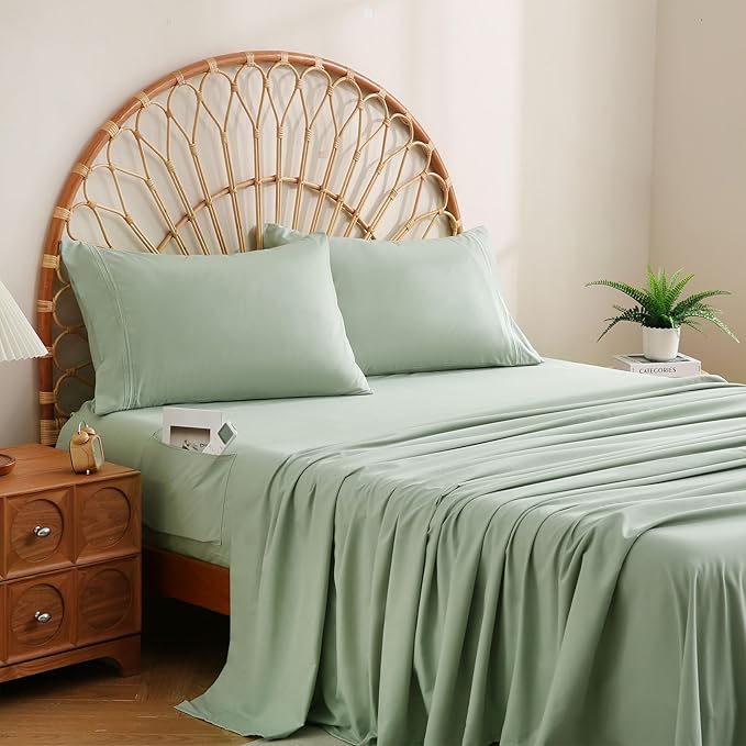 JSD Sage Green King Sheet Set with Side Pocket Corner Straps, 4 Piece Soft Microfiber Bed Sheets Extra Deep Pocket