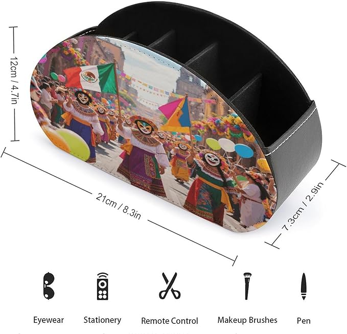 Colorful Mexico Remote Control Holder Organizer Box with 5 Compartment PU Leather Bedside Storage Caddy Remote Organizer for Controller Media Player Pen/Pencil Storage