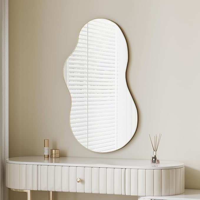 Itrue 26×46 Inch Irregular Wall Mirror, Brushed Gold Metal Frame Asymmetrical Bathroom Vanity Mirror, Silver-Backed HD Tempered Glass Mirror for Over Sink, Living Room, Entryway