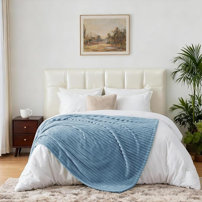 Nookly Light Blue Fleece Throw Blanket for Couch, Soft Lightweight Ribbed Plush Blanket for Sofa and Bed, All-Season Cozy Striped Throw for Women Girl 50x60 Inches