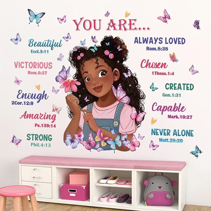 wondever Black Girl Magic Wall Stickers Butterflies Inspirational Quotes You are Beautiful Peel and Stick Wall Art Decals for Girls Bedroom Baby Nursery Kids Bedroom