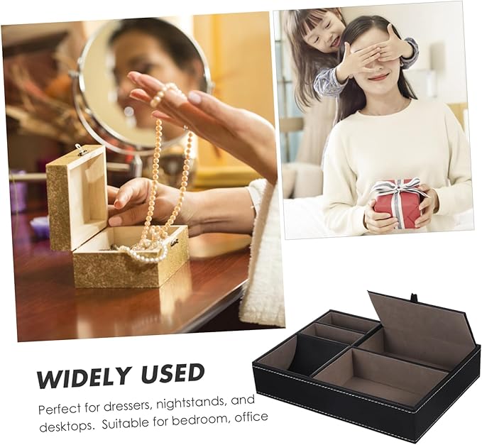 Beaupretty Faux Leather Nightstand Organizer Tray for Jewelry and Watches Multi Compartment Storage Box for Rings Necklaces Phone Wallet Bedside Dresser Black Bedside Table Organizer for Men