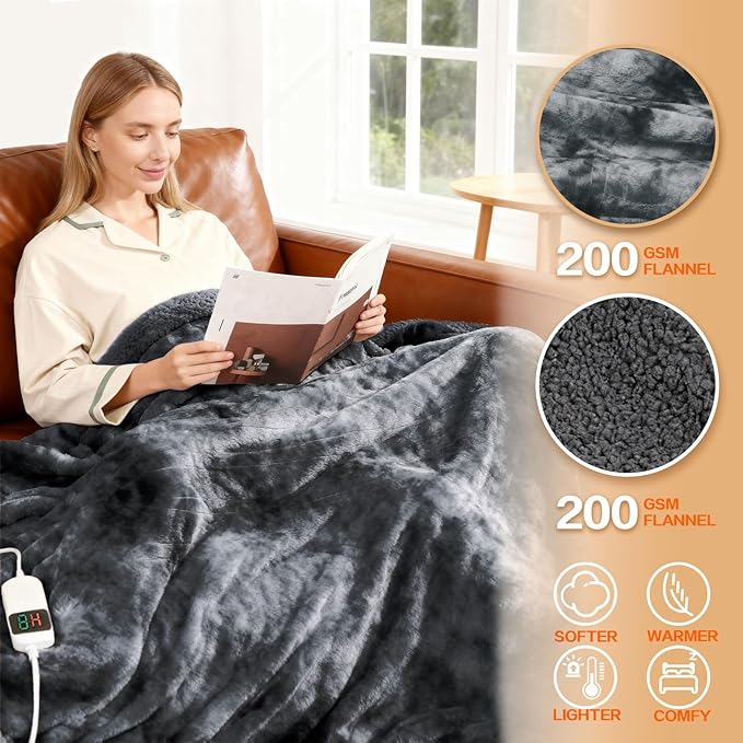 Electric Heated Blanket Throw 50''x60''Size Faux Fur Heating Blanket 10 Heating Settings, 1-8h Timer & Overheat Protection, Machine Washable, Soft Flannel and Sherpa Full Body Warmth