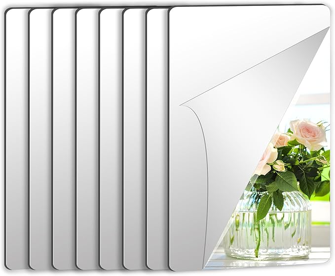 JUNEBRUSHS 8 Pack Self Adhesive Acrylic Mirror, 4X 6 Inch Mirror Tiles,Flexible Plastic Mirror Sheets Wall Stickers