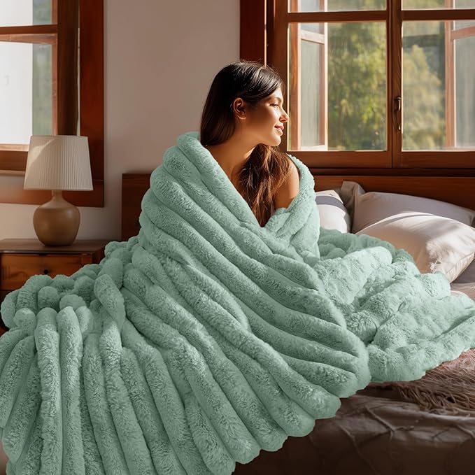 BEDELITE Faux Rabbit Fur Blanket, Luxurious 3D Striped Spring Blanket for Decor & Gift, Soft and Warm Plush Fluffy Faux Fur Throw Blanket All Seasons Suitable, (Sage Green, 60"x 80")
