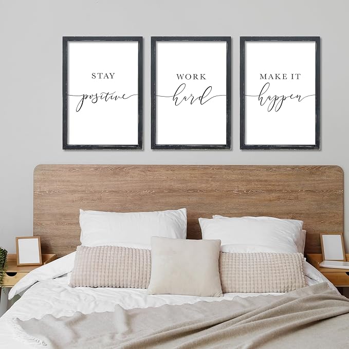 RLWangChao Inspirational Quotes Wall Art Decor 11"X16" 3 Piece Modren Office Stay Positive Work Hard Make It Happen Motivational Wood Framed Sign Living Room Positive Wall Hanging Decoration (Black)