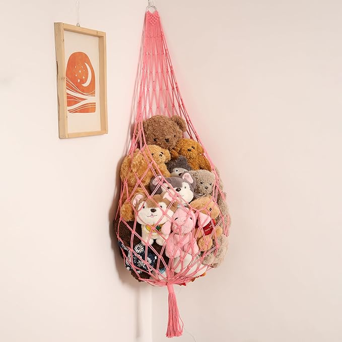 Stuffed Animal Net or Hammock Corner Hanging Net for Stuffy Animal Storage Macrame Toy Display Plush Toy Holder Wall Pet Net for Nursery Kid Bedroom Decor Playroom Organizer (Pink)