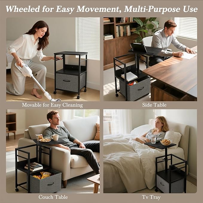360° Swivel Nightstand with Height Adjustable, Lift Top Bedside Table with Charging Station, Rolling Night Stand with Fabric Drawer, End Table with Wheels, for Bedroom, Living Room, Black Gray