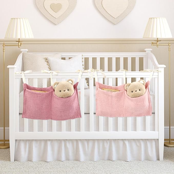 Cinaci 2pcs Cotton Pram Stroller Caddy Baby Crib Hanging Organizers Storage Pockets Nappy Diaper Bags Bedside Pockets for Milk Bottle/Soothing Toys/Wipes (Pink Set)