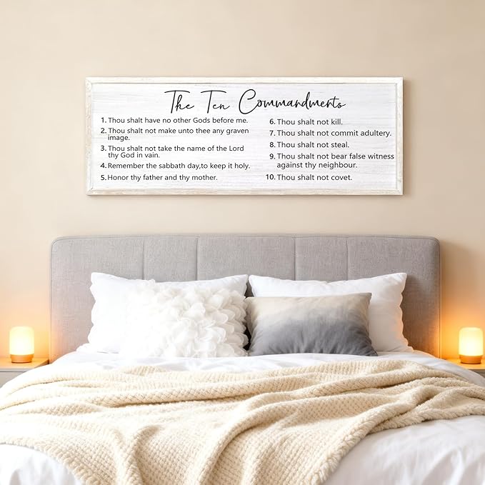 The Ten Commandments Rustic Bible Verse Framed Wall Art, 40''×15'' Positive Religious Christian Saying Sign for God Jesus Christ Prayer, Vintage Horizontal Holy Inspirational Catholic Scripture Decor
