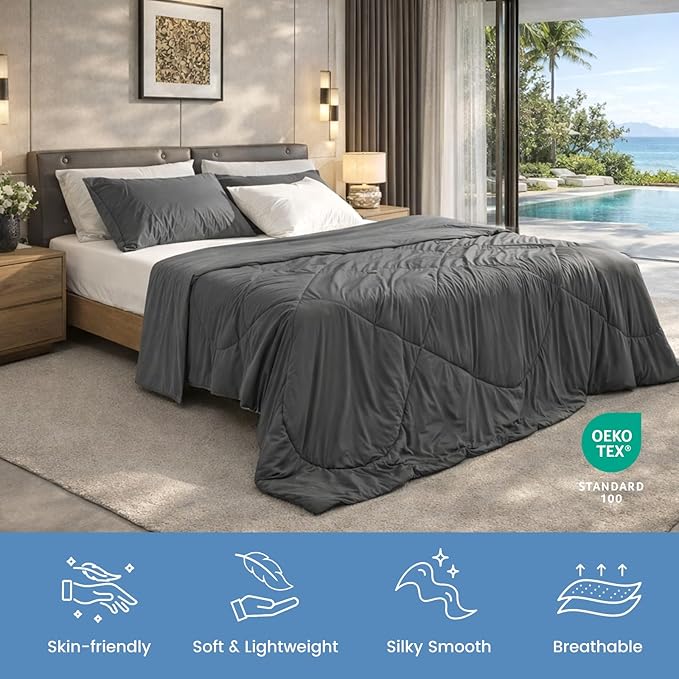 Cozy Bliss Cooling Comforter Twin Size, Cooling Blankets for Hot Sleepers and Night Sweats, Charcoal Gray Summer Comforter for Twin Size Bed, Breathable Soft Lightweight Silk Smooth