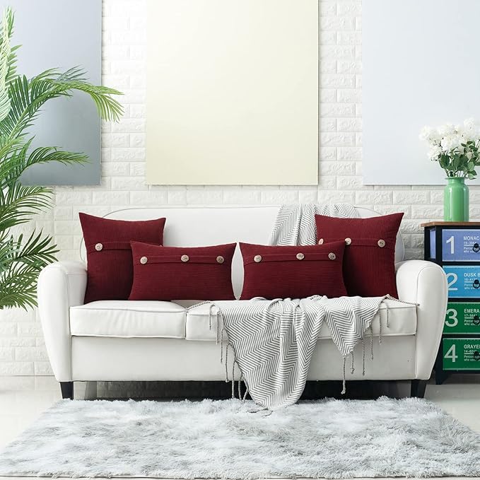 HWY 50 Burgundy Red Chenille Throw Pillow Covers 20x20 Inch with Triple Buttons, Soft Farmhouse Accent Decorative Cushion Cases for Couch Sofa Bed Living Room Pack of 2
