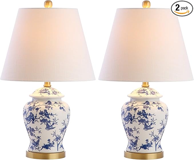JONATHAN Y 22" Blue/White Ceramic Table Lamp, French Country Chinoiserie Ginger Jar LED Bedside Lamp for Living Room Bedroom, White Linen Shade (JYL3005A-SET2)