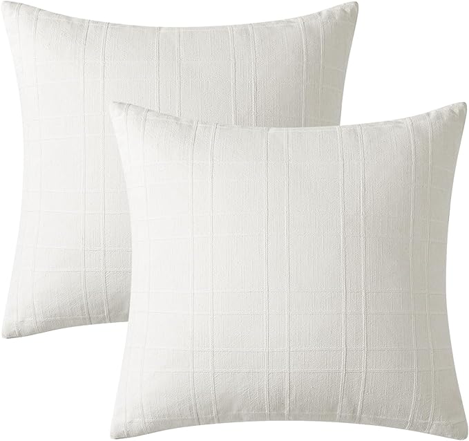 MIULEE Decorative Linen Check Throw Pillow Covers Neutral Farmhouse Vintage Pillow Covers 18x18 Set of 2 Boho Modern Home Decor for Sofa Couch Bedroom Cushion Cream White