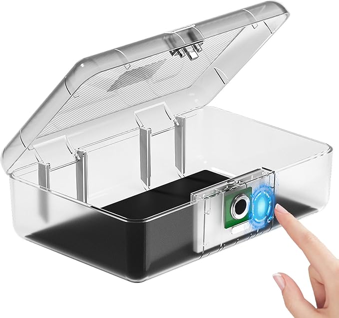 AICase Biometric Fingerprint Storage Box, Transparent Portable Jewelry Cash Safe Storage Box, Rechargeable Lock Box for Car Home Office Travel_Clear