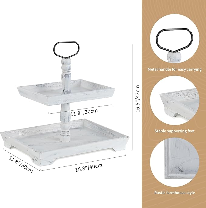Hanobe Tiered Tray for Table Decor: 2 Tier Sunflower Decorative Tray Stand for Coffee Bar - Spring Farmhouse Rectangle Wood Display for Kitchen Counter, Rustic White
