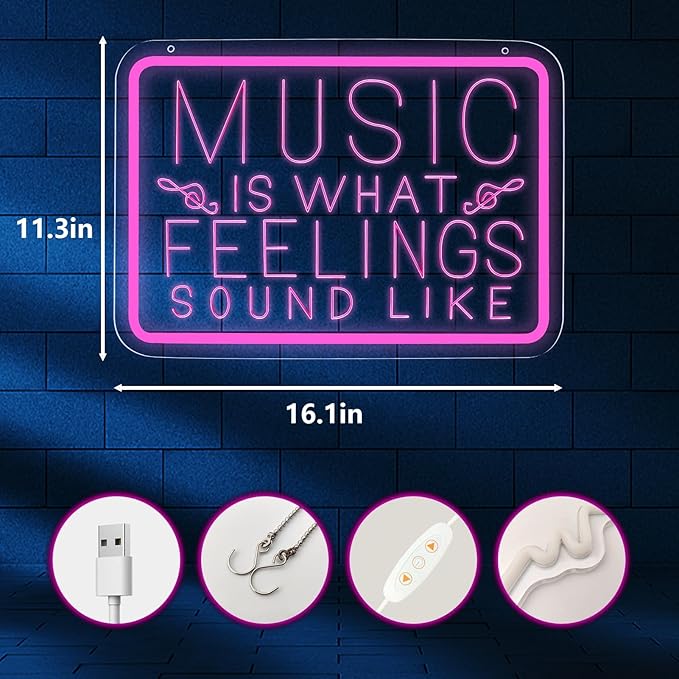 Music is What Feelings Sound Like Neon Signs for Man Cave Decor，Led Neon Light for Live Room, Game Room, Broadcasting Room, Studio, Bedroom Wall Art，Music Lover Gifts