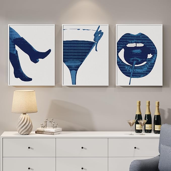 Framed Navy Blue Pop Wall Art for Room Decor, 3 Piece Funky Cocktail Boot Lip Artwork for Walls, Trendy Preppy Canvas Prints, Modern Blue Picture for Living Room Bedroom Apartment Wall Decor, 12x16 In
