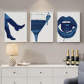 Framed Navy Blue Pop Wall Art for Room Decor, 3 Piece Funky Cocktail Boot Lip Artwork for Walls, Trendy Preppy Canvas Prints, Modern Blue Picture for Living Room Bedroom Apartment Wall Decor, 12x16 In