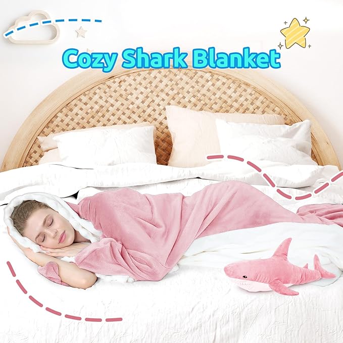 Touchat Shark Blanket for Adult Super Soft Cozy Flannel Throw Wearable Blankets, Cartoon Animals Onesie hoodie, Sleeping Bag Cosplay Costume Blanket Gifts for Shark Lovers(Pink,XXXL)