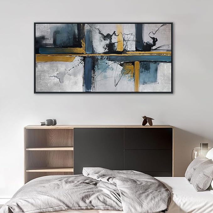 Abstract Canvas Wall Art Framed Modern Wall Art for Living Room Navy Blue Artwork for Walls, Above Bed Wall Decor With Navy and Gold for Bedroom and Living Room Office Pictures Wall Decor 20×40IN