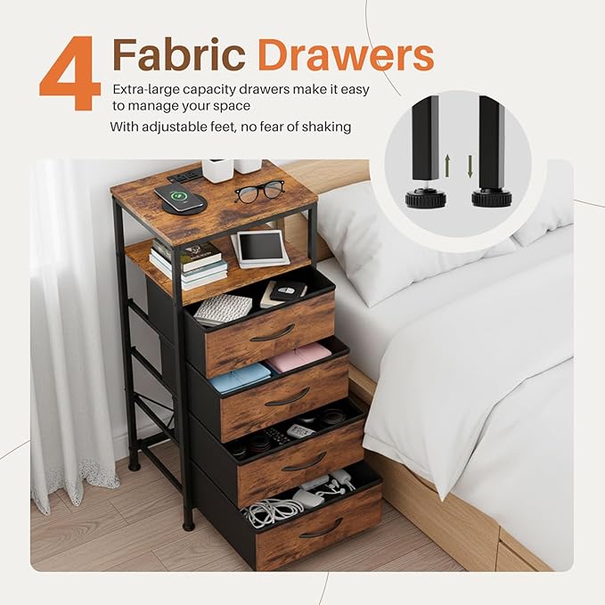 DUMOS Nightstand with Charging Station, Bedside End Table with 4 Fabric Drawers & USB/Type-C Ports and Outlets, Night Stand for Bedroom Furniture, Adjustable Feet and Variable Light Strip, Rust