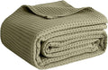 100% Cotton Blankets for Bed - Waffle Weave Blankets for Summer, Lightweight and Breathable Soft Woven Blanket for Spring (Olive Green, Throw (50" x 60"))