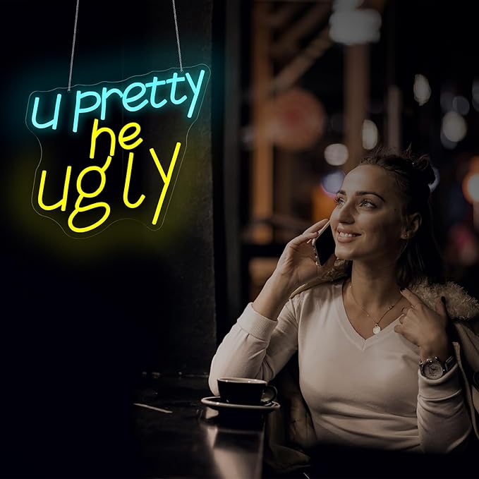 U Pretty, He Ugly Neon Sign, Dimmable Neon Signs for Wall Decor, Beer Bar Signs for Man Cave, Room Home Decor, Led Sign - USB Powered