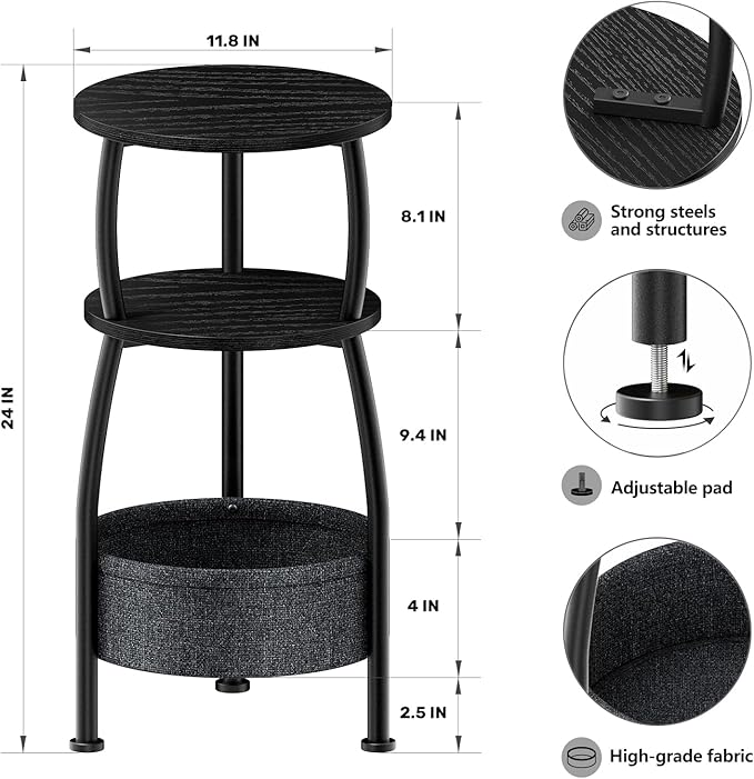 Small Round Side Table for Living Room with Storage Basket –Small Space Saving End Table 3-Tier Accent Nightstand Couch Corner Table for Sofa, Bedroom, Patio and More 24in Tall Classic Black