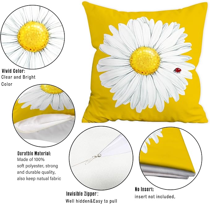 Hexagram Spring Summer Pillow Covers 18x18 Set of 4, Floral Daisy Outdoor Decorative Throw Pillow Covers, Yellow Farmhouse Cushion Case for Couch Sofa Living Room Bedroom Home Indoor Decor(No Insert)