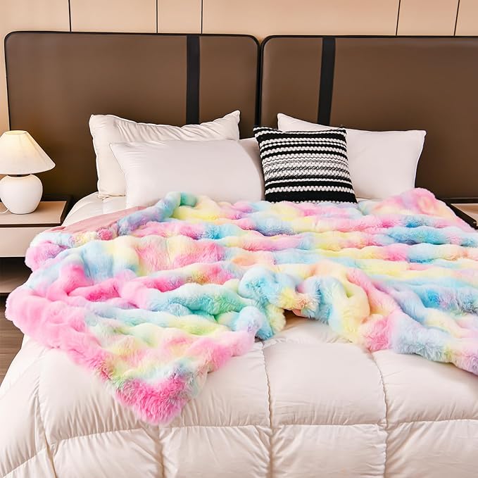 H&D Faux Fur Throw Blanket for Couch,Fluffy Cozy Soft Plush Luxury Thick Fuzzy Fleece Blanket for Couch Bed Sofa Bedroom Living Room,Comfy Bubble Blanket