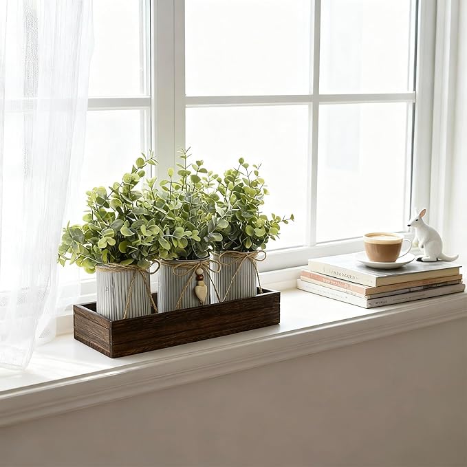 Artificial Flower Decorative Centerpiece, Frosty Green Eucalyptus Table Arrangement with 3 Rustic Metal Pots and Wood Tray for Farmhouse Home Décor
