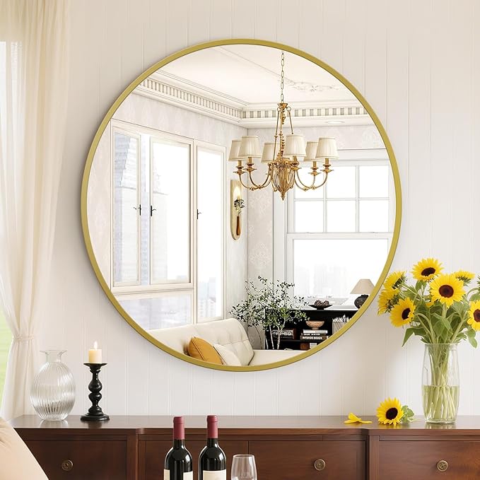 Sweetcrispy 28in Gold Round Bathroom Mirrors for Wall, Bathroom Mirrors for Over Sink, Wall Decor for Bathroom, Entryway, Bedroom, Vanity