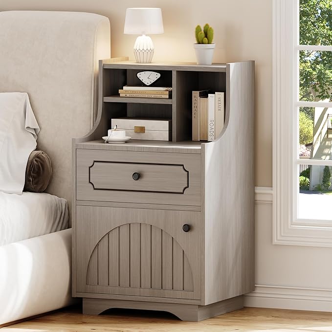 4ever2buy Farmhouse Nightstand with Storage Drawer and Hutch Bedside Table for Bedroom 30.31 inch Tall Night Stand End Table Wash Gray