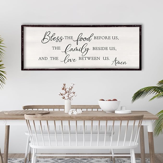 Foutcheou Bless The Food Before Us Wall Decor, 32"X12" The Love Between Us Sign Framed Farmhouse Kitchen Wall Decororation, Rustic Christian Bible Verse Wall Art for Dining Room