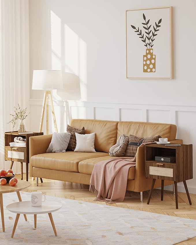 Nightstand,Modern Bedside Table with Storage Drawer and Open Wood Shelf, Accent Night Stand with Solid Wood Legs for Living Room, Bedroom and Small Spaces,Easy Assembly (Walnut Brown-Rattan)