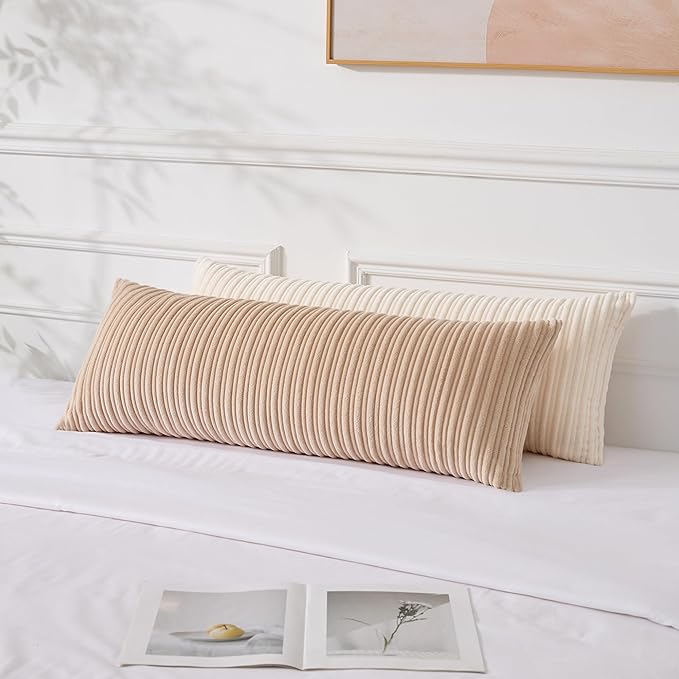 UGASA 14x36 Inch Pillow Cover Pack of 1 Soft Boho Stripe Corduroy Large Long Rectangular Lumbar Cushion Cover Farmhouse Decorative Throw Pillowcase for Bed, Couch, Sofa, Bedroom, Living Room, Cream