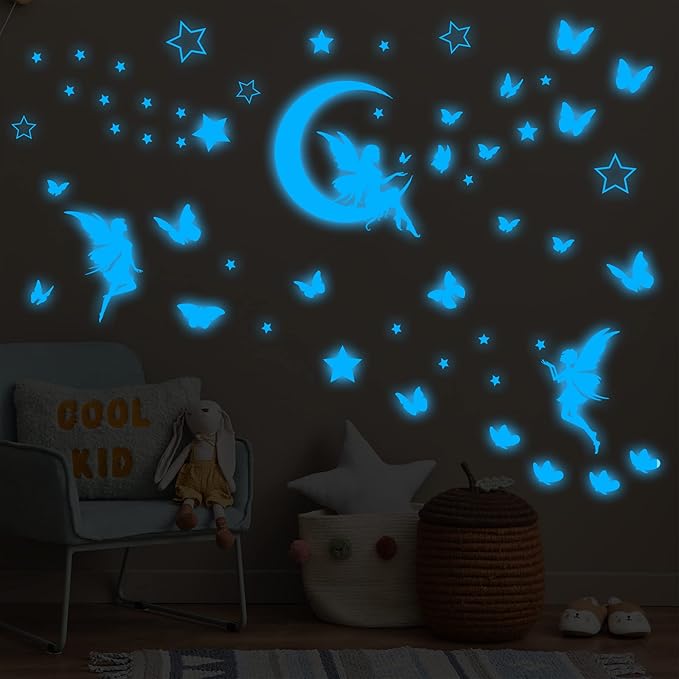 Fantasy Fairy Wall Decal Sticker Glow in The Dark, Girl Bedroom Moon Butterfly Luminous Decoration, Peel and Stick Star Decor for Ceiling