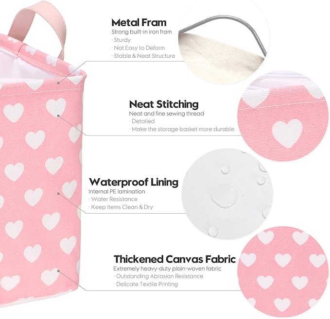 Hinwo Large Canvas Fabric Storage Basket with Handles, 33L/8.6-Gal Rectangle Bin, Collapsible Storage Box, Clothes, Toys, Blankets Organizer, 16.5 x 12 x 10 Inches (L, Pink Heart)