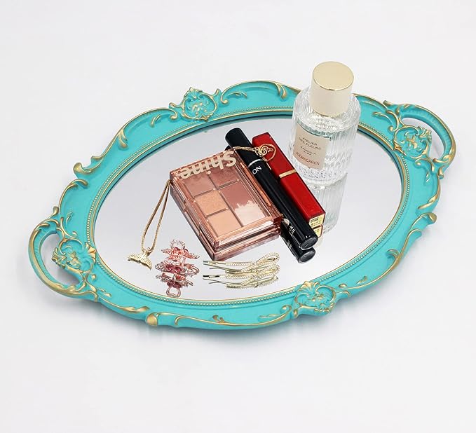 Vintage Small Mirror 14.5 x 10 Inch Oval Blue Wall Mirror