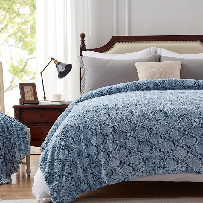 KAWAHOME Faux Fur King Size Blanket for Bed, Ultra Soft Warm Fluffy Blanket for Couch, Plush Fuzzy Bedding, Cozy Luxury Quatrefoil Pattern Bedroom Decor Gifts, 108" X 90" Blue