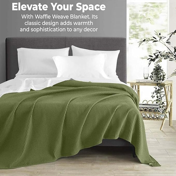 100% Cotton Blankets for Bed - Waffle Weave Blankets for Summer, Lightweight and Breathable Soft Woven Blanket for Spring (Olive Green, Queen (90" x 90"))