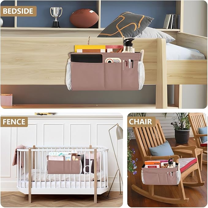 Light Brown Bedside Caddy Storage Bag Bedside Organizer for Dorm Room Top Bunk Bed Hanging Storage Organizer 6 Pockets with Hooks for Magazine Water Bottle Holder