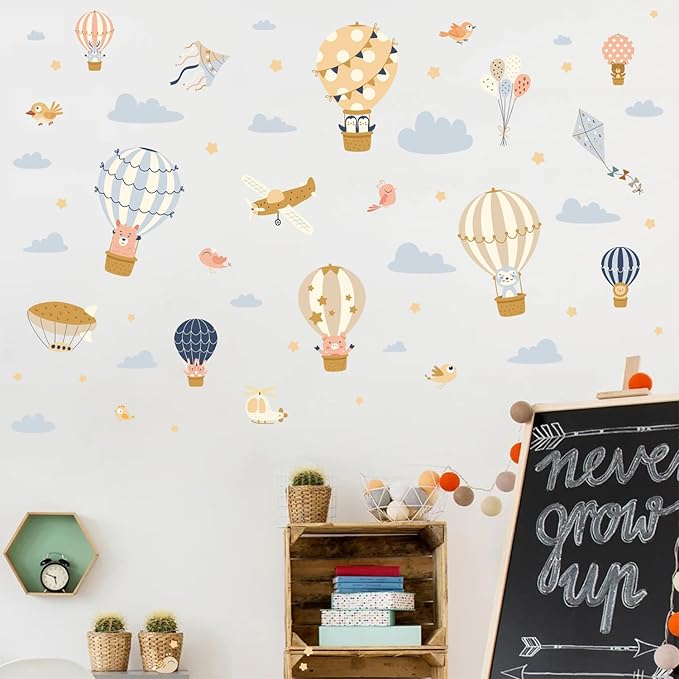 HLNIUC Large Hot Air Balloon Wall Sticker 35”x24”Baby Animal Peel And Stick Wall Art Decal Star Moon Cloud Balloons Window Cling Cartoon Airplane and Hot Air Balloon Room Sticker for Nursery Kids Room