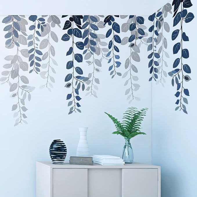 Blue Hanging String of Eucalyptus Wall Decals Peel and Stick, Large Plants Vinyl Wall Stickers, Removable Vine Home Decor Art for Bedroom Living Room Classroom Office