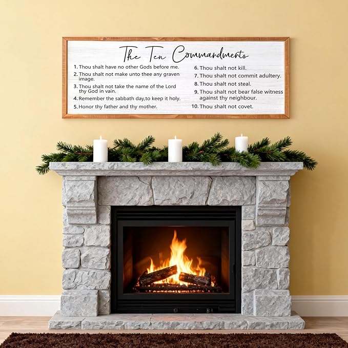 The Ten Commandments Wall Decor, 40x15 inch Rustic Bible Verse Wall Art, Christian Religious Scripture Print, Farmhouse Style Framed Wall Hanging Christian Gifts for Family Home, Natural