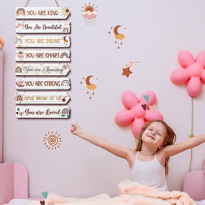 Inspirational Girl Room Decor Aesthetic Art Wall Hanging Sign Inspiring Colorful Rainbow Wooden Decoration for Kids Teens Toddler Boy Baby Bedroom Nursery Dorm Decor, 6-12 Years old (Boho)